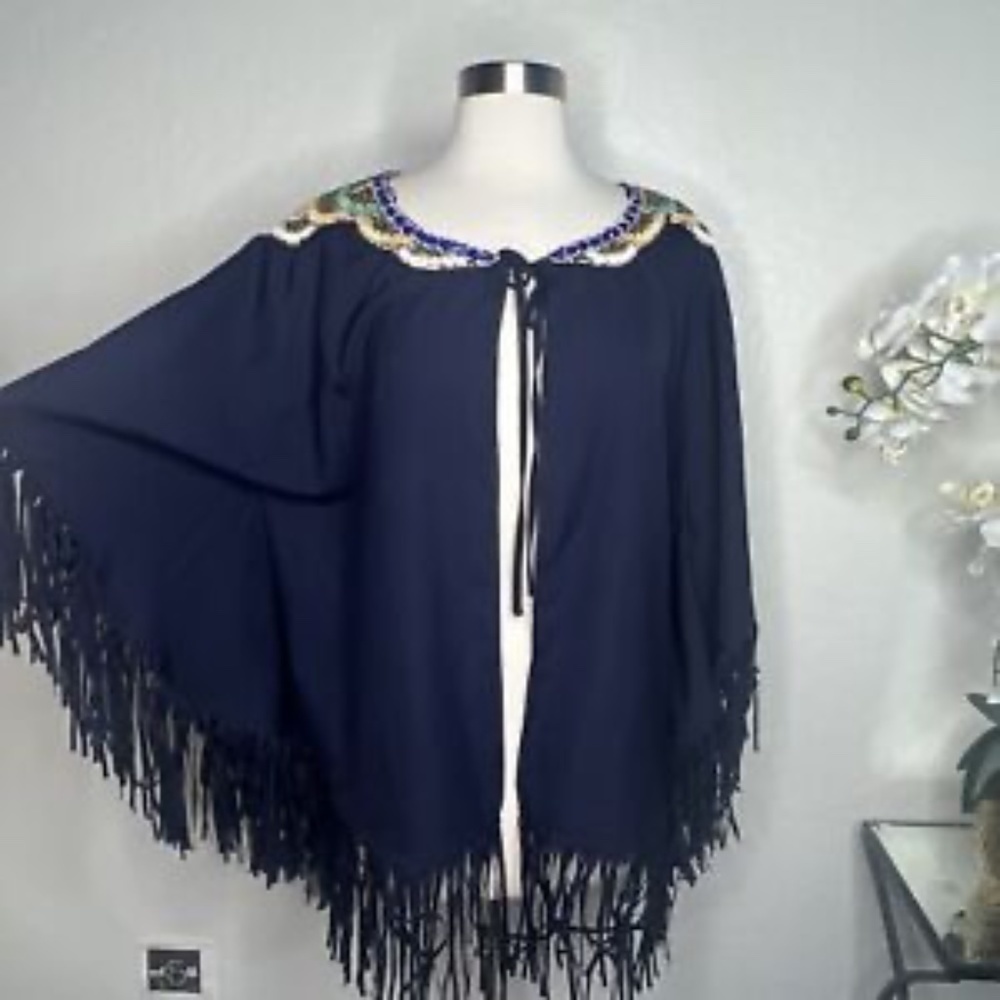 Alberto Makali Navy Blue Fringe Beaded Tie Cape L
